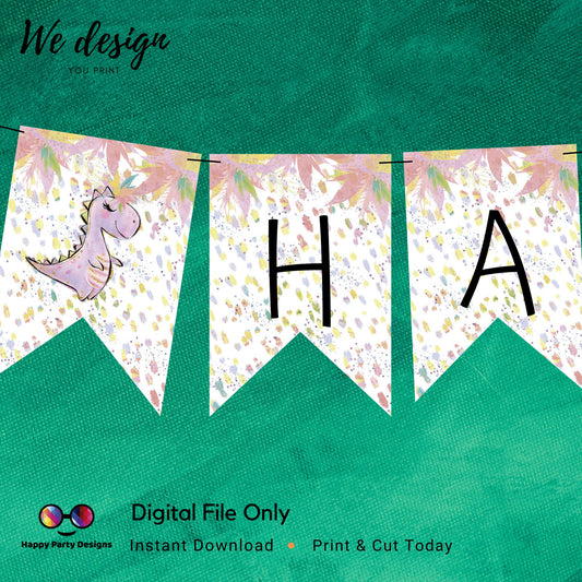 Happy Birthday Banner | Dino Birthday Banner | Dinosaur Birthday Theme | Girl Dino Birthday | Instant download | PRINTABLE DIGITAL