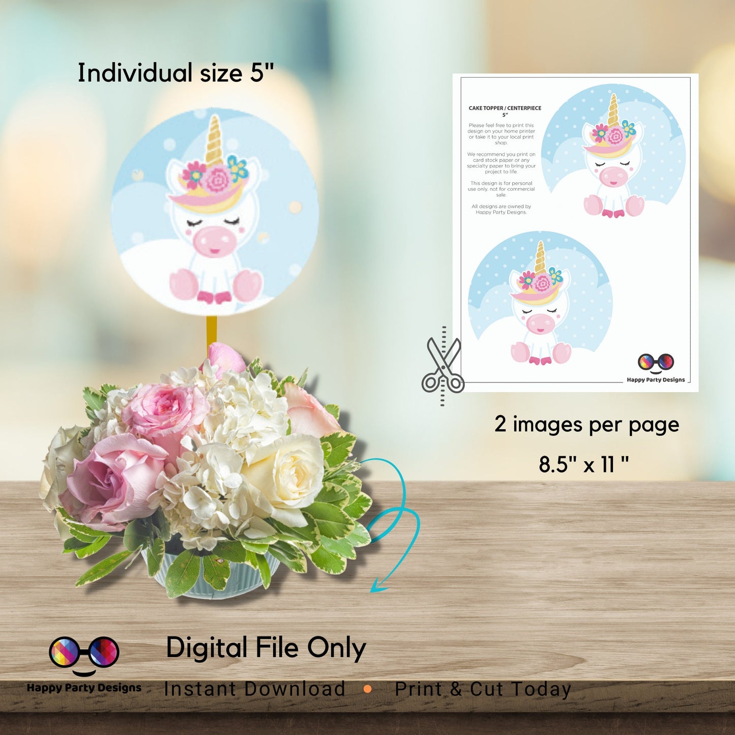 PRINTABLE Unicorn Round Cake Topper | Birthday Party Cake Topper | Birthday Cake Topper | Center pieces | Instant download
