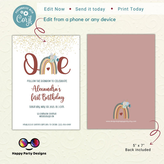 First birthday Rainbow Invitation | EDITABLE Invitation  | Boho birthday Invitation | Rainbow Birthday | Digital File | Instant Download |