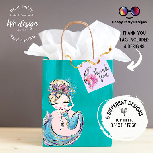 Mermaid printable Cut-out |  Mermaid Printable  Party Bag Fronts | Mermaid  Cut-Outs | Mermaid thank you tag |  Mermaid Favor Bags Cut-Outs