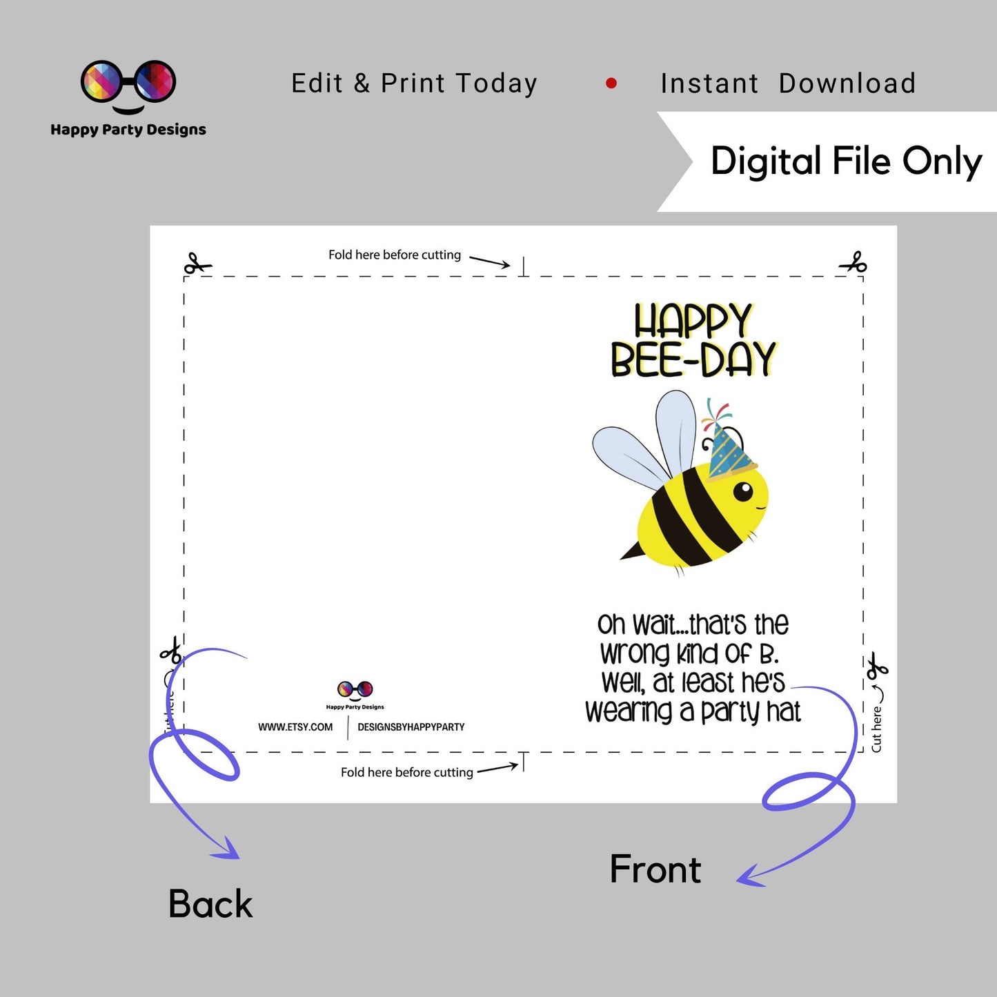 Happy Bee-day birthday card |Printable | Birthday Card | Instant Download | greeting card | Funny Printable Birthday Card