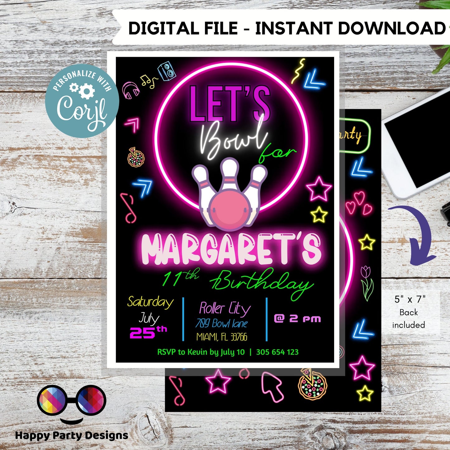 EDITABLE Bowling Birthday Girl | Bowling Girl Invitation | Birthday Girl | Instant Download | Digital | Neon Party #K3