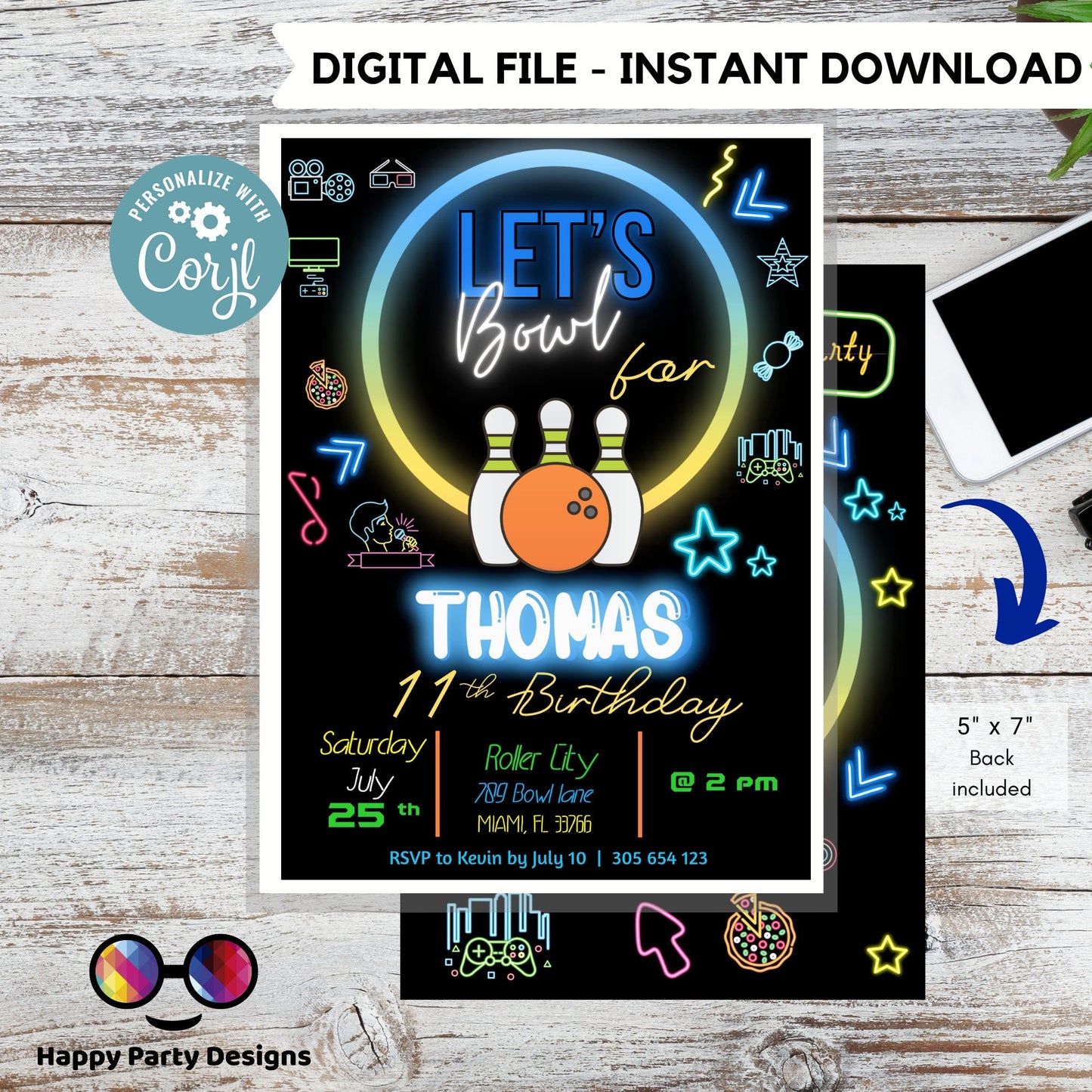 EDITABLE Bowling Birthday Boy | Bowling Boy Invitation | Birthday Boy | Instant Download | Digital | Neon  Party #K4