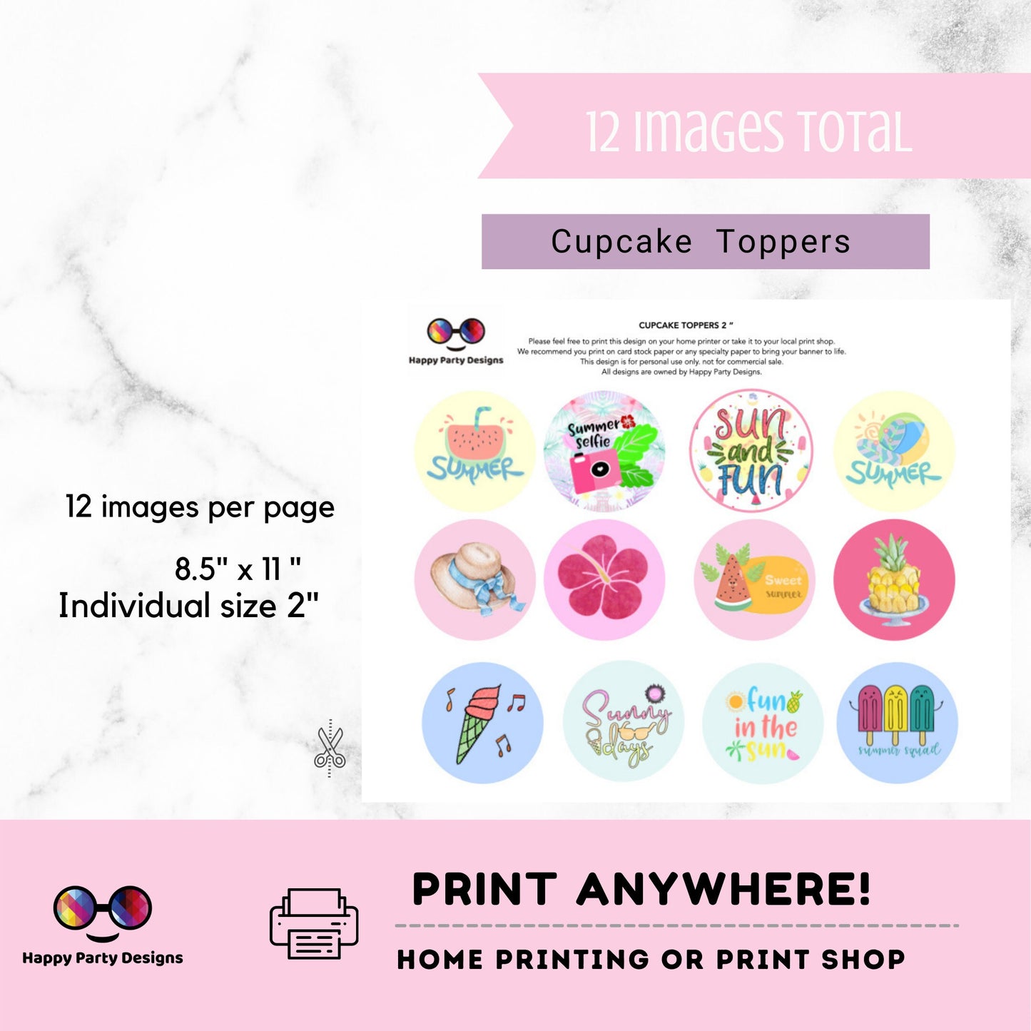 Summer Cupcake Toppers | Tropical Pink Cupcake Toppers | Kids party decorations  | Instant Download | Digital | Summer Birthday Party Themed