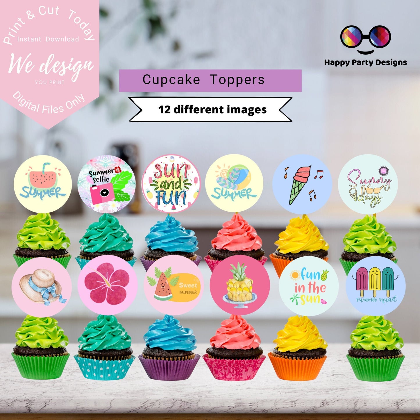 Summer Cupcake Toppers | Tropical Pink Cupcake Toppers | Kids party decorations  | Instant Download | Digital | Summer Birthday Party Themed