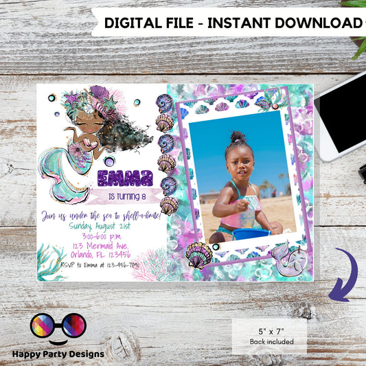 Editable Mermaid Invitation with picture | African American mermaid party | Mermaid Birthday | Mermaid Digital File | INSTANT download