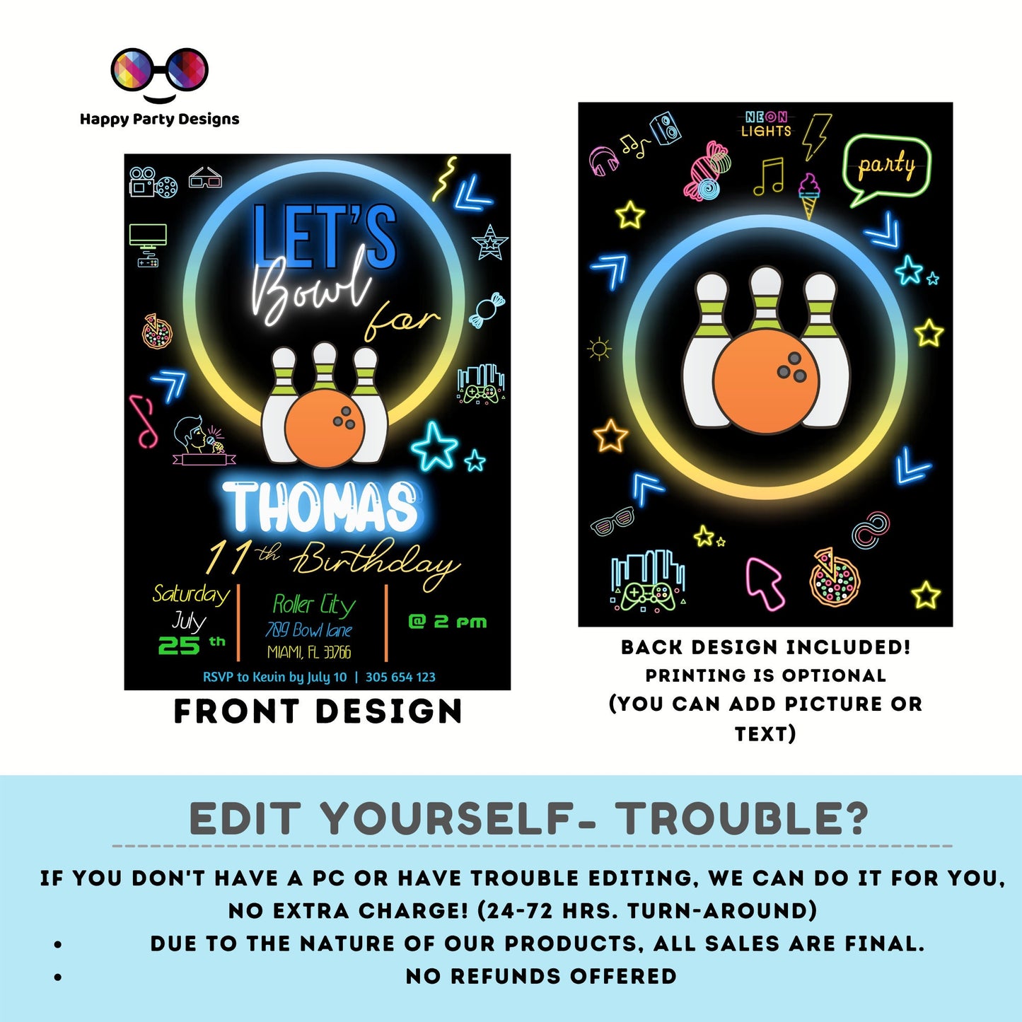 EDITABLE Bowling Birthday Boy | Bowling Boy Invitation | Birthday Boy | Instant Download | Digital | Neon  Party #K4