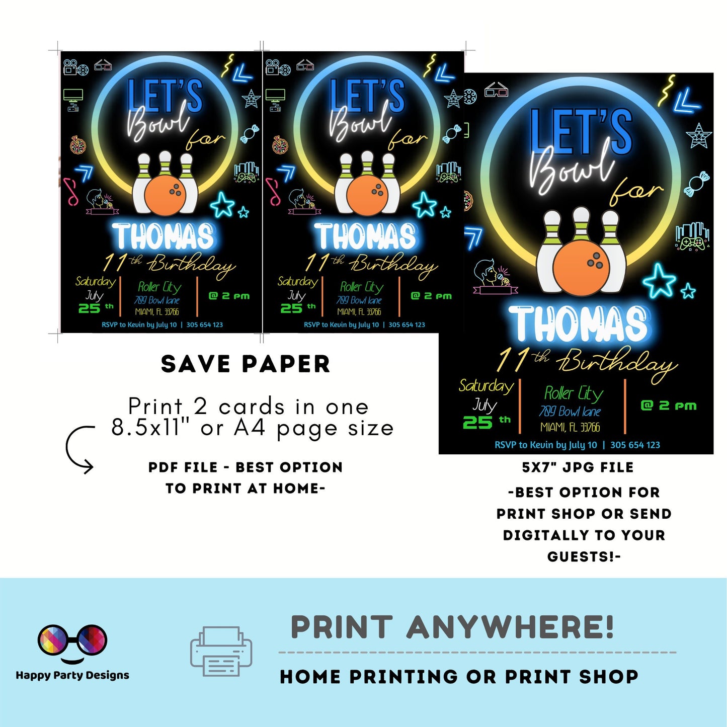 EDITABLE Bowling Birthday Boy | Bowling Boy Invitation | Birthday Boy | Instant Download | Digital | Neon  Party #K4