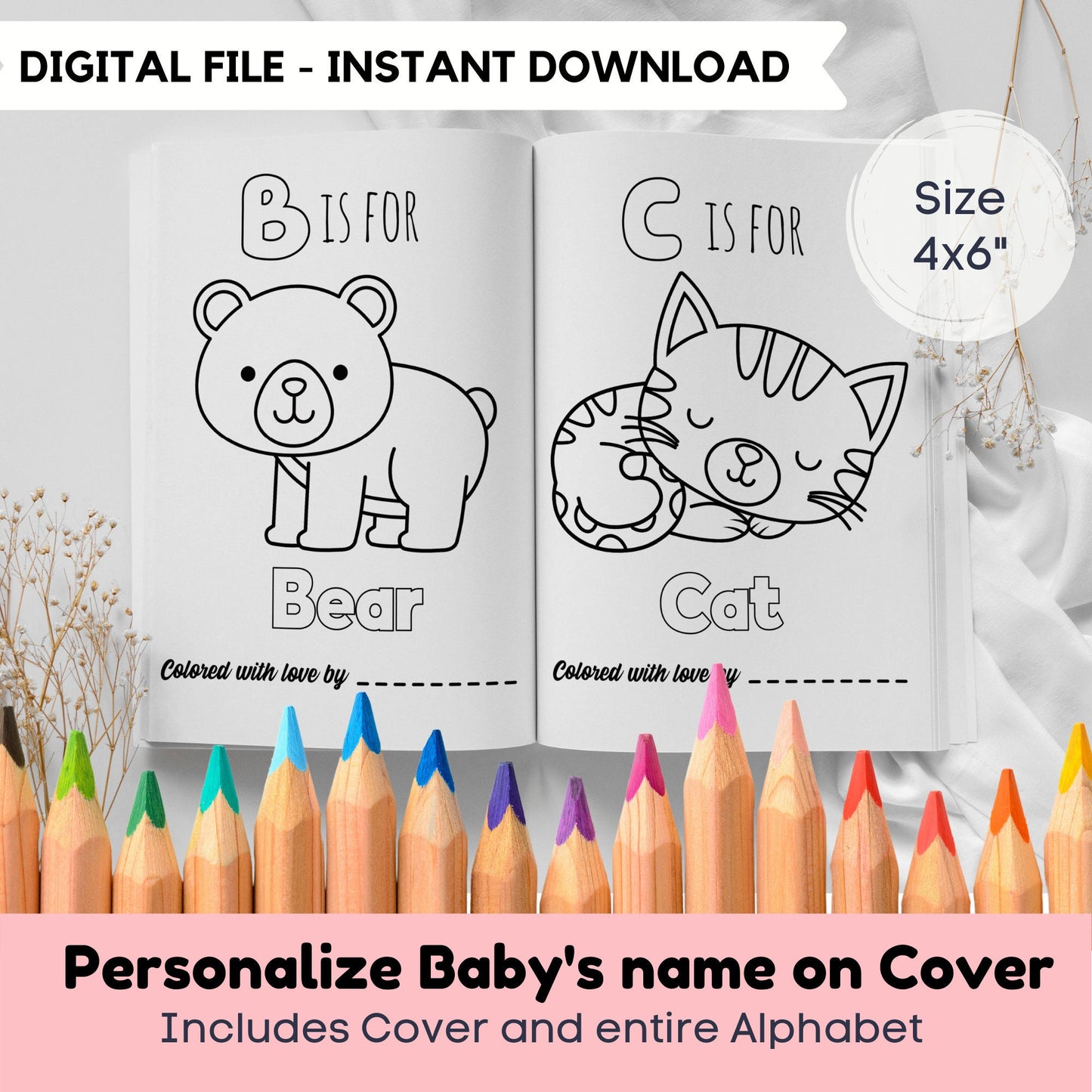 Baby Shower Coloring Book for girls 4x6" | First ABC coloring book for Baby Shower | Printable ABC Book Baby Shower | Baby Keepsake