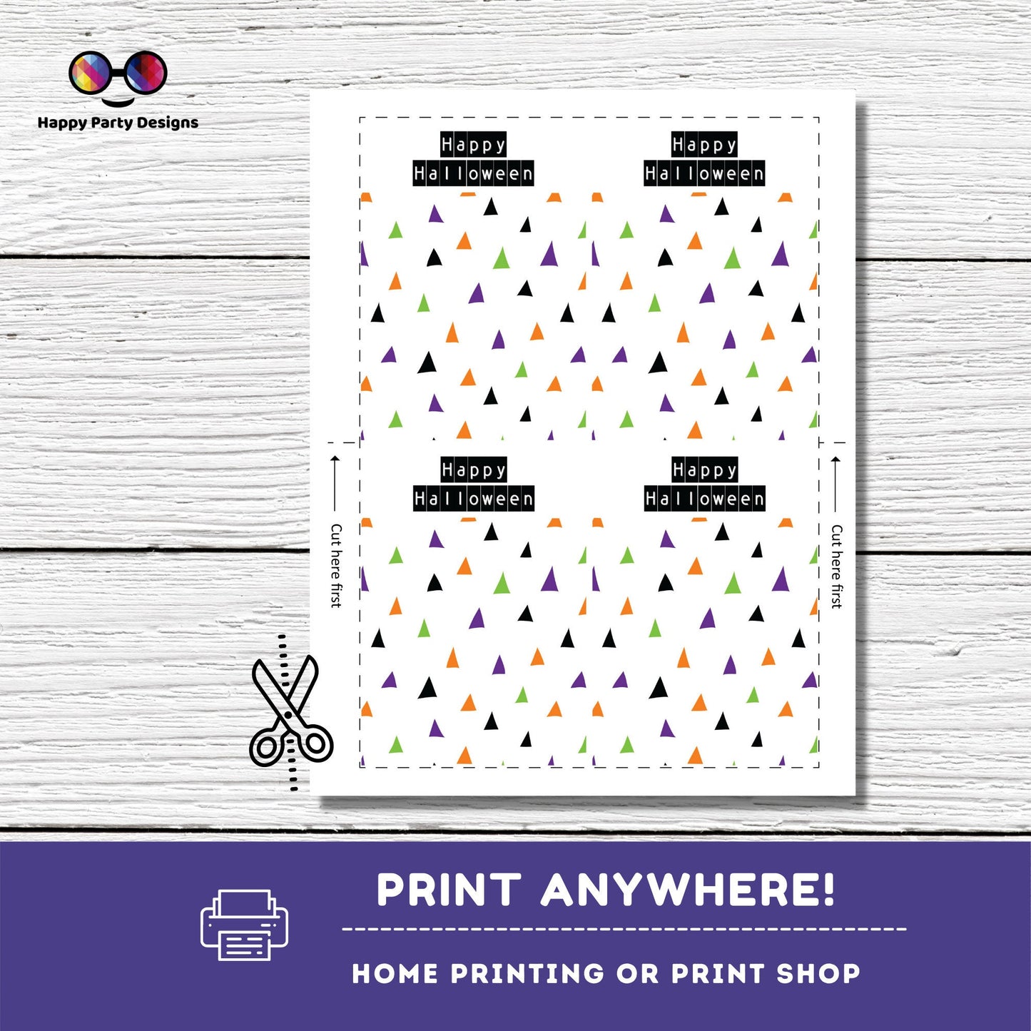 Happy Halloween Cookie Tag 3.5" X 5" | Halloween Tag | Happy Halloween Printable Mini Cookie Card | triangles purple and green