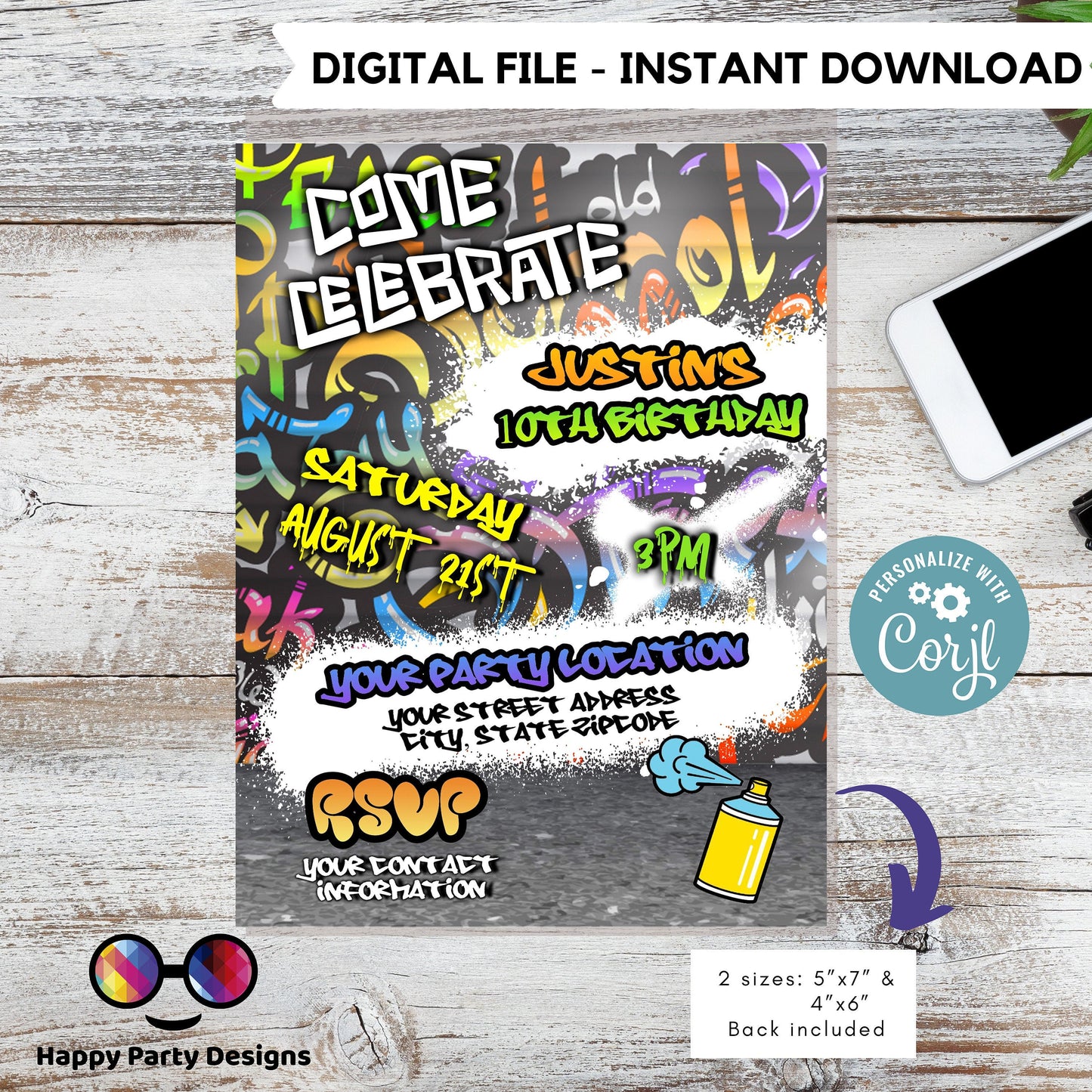 Editable Graffiti invitation | Digital graffiti printable invite | Birthday boy | Graffiti Invitation | Personalize Online #K1