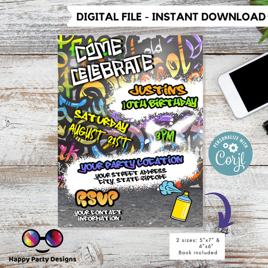 Editable Graffiti invitation | Digital graffiti printable invite | Birthday boy | Graffiti Invitation | Personalize Online #K1