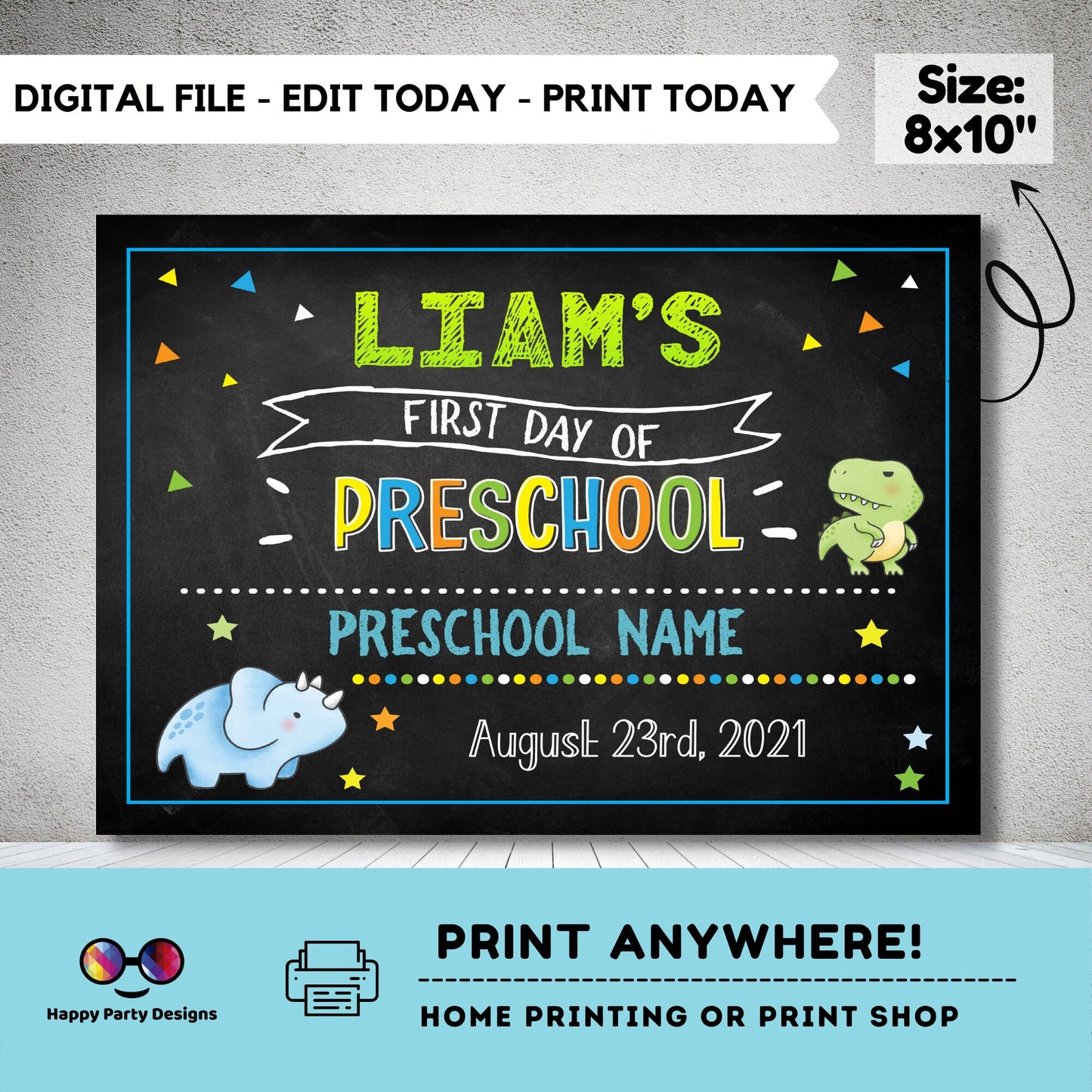 Editable Dinosaur First Day of Preschool Sign | First Day of School Chalkboard Sign | 1st Day of School Sign | Chalkboard Sign