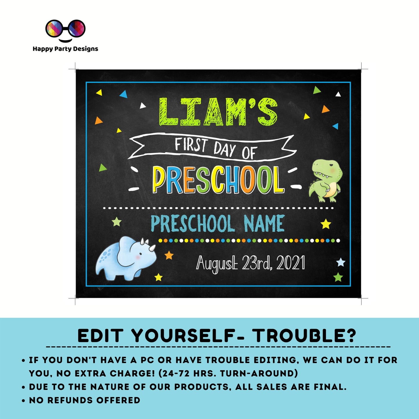 Editable Dinosaur First Day of Preschool Sign | First Day of School Chalkboard Sign | 1st Day of School Sign | Chalkboard Sign