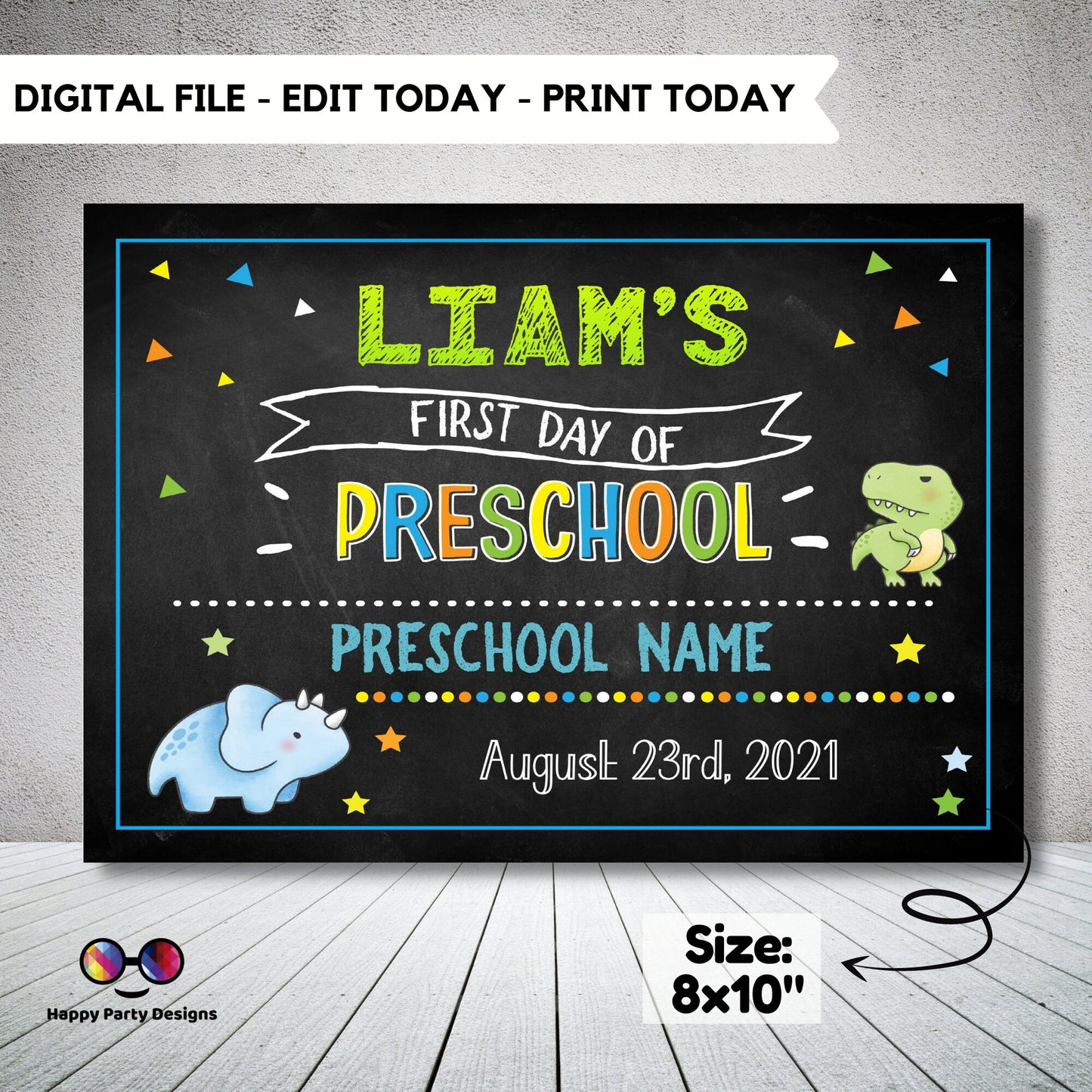 Editable Dinosaur First Day of Preschool Sign | First Day of School Chalkboard Sign | 1st Day of School Sign | Chalkboard Sign