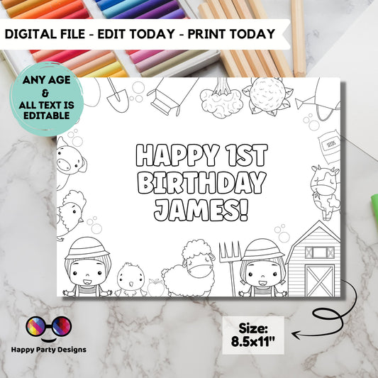 Editable Farm animals coloring page | Farm birthday Placemat | Any Age | Barnyard birthday | Game Farm Party Activity