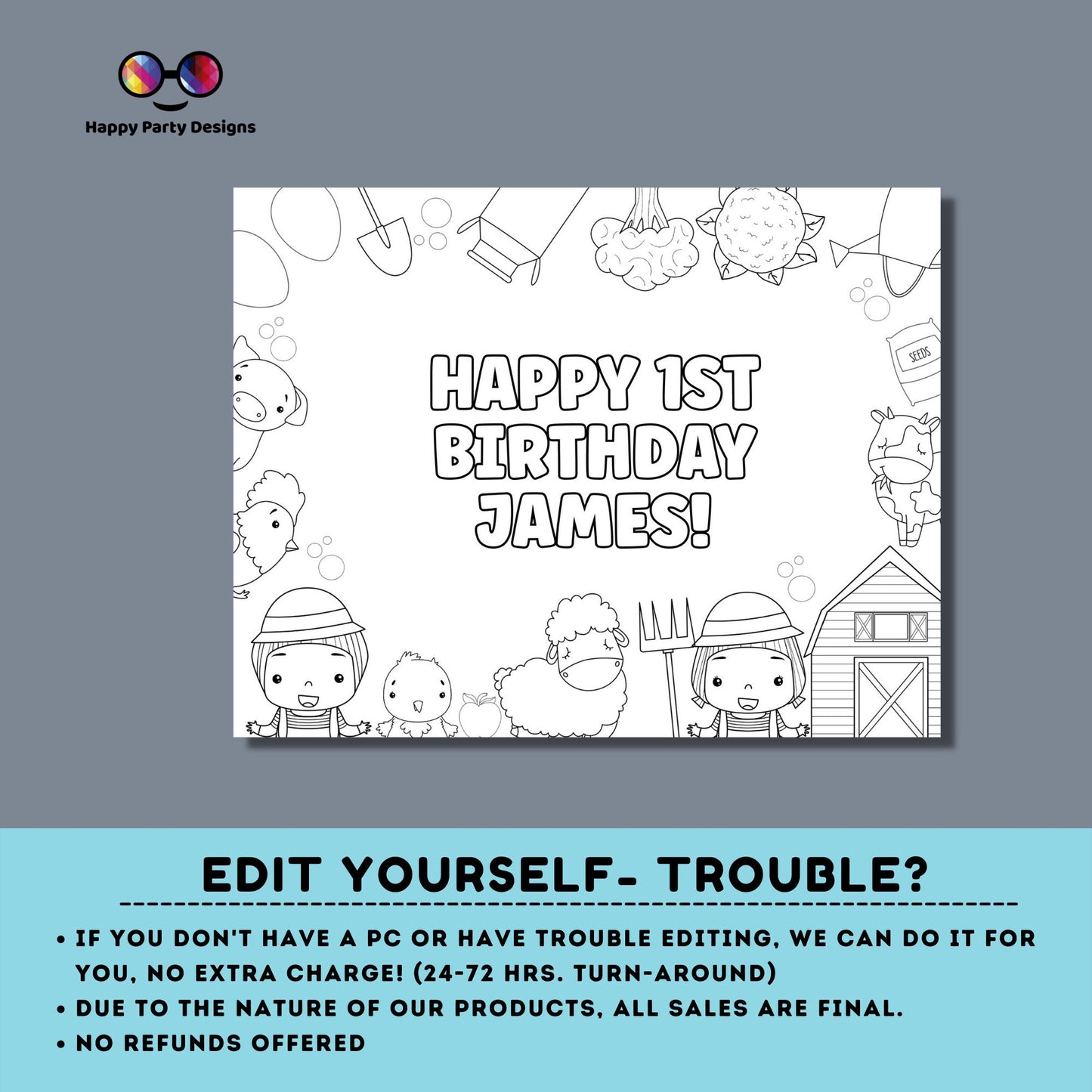 Editable Farm animals coloring page | Farm birthday Placemat | Any Age | Barnyard birthday | Game Farm Party Activity