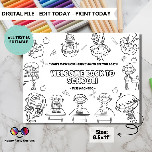Editable First day of school coloring page | Welcome back to school coloring page | Can't mask how happy Activity game | social distancing