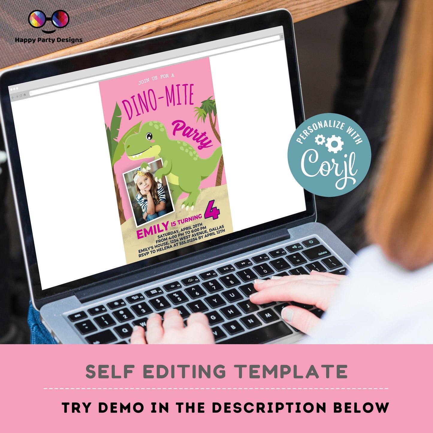 Editable Girl Dinosaur Birthday Invitation | Dino-mite Birthday Invitation | Dino Birthday invitations | Cute Dinosaur Birthday Invitation