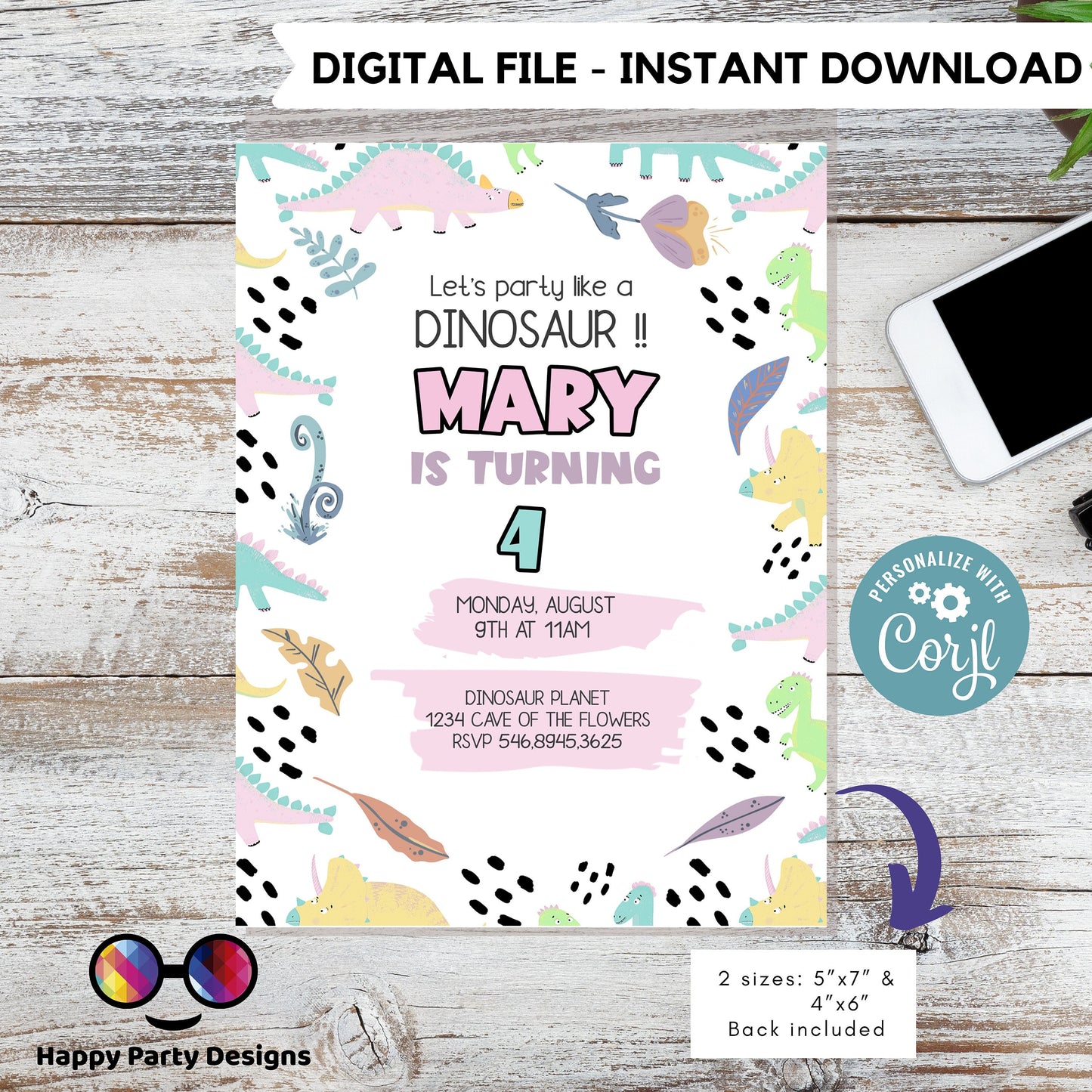 Editable Let's party like a Dinosaur Birthday Invitation | Girl Invitation | Dino Birthday invitations | Cute Dinosaur Birthday Invitation