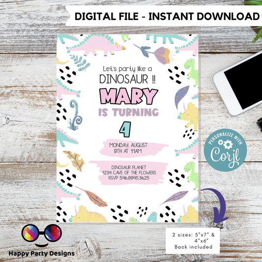 Editable Let's party like a Dinosaur Birthday Invitation | Girl Invitation | Dino Birthday invitations | Cute Dinosaur Birthday Invitation