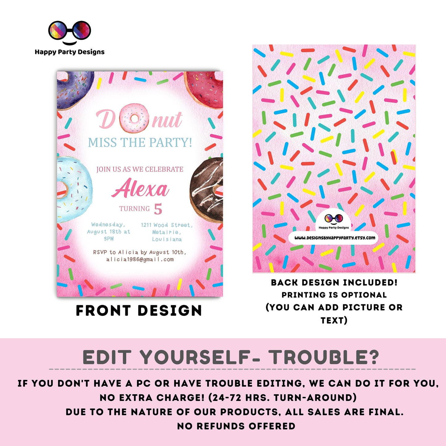 Editable Donut Miss the party! Birthday Invitation | Girl Invitation | Donut Birthday invitations | Cute Donut Birthday Invitation