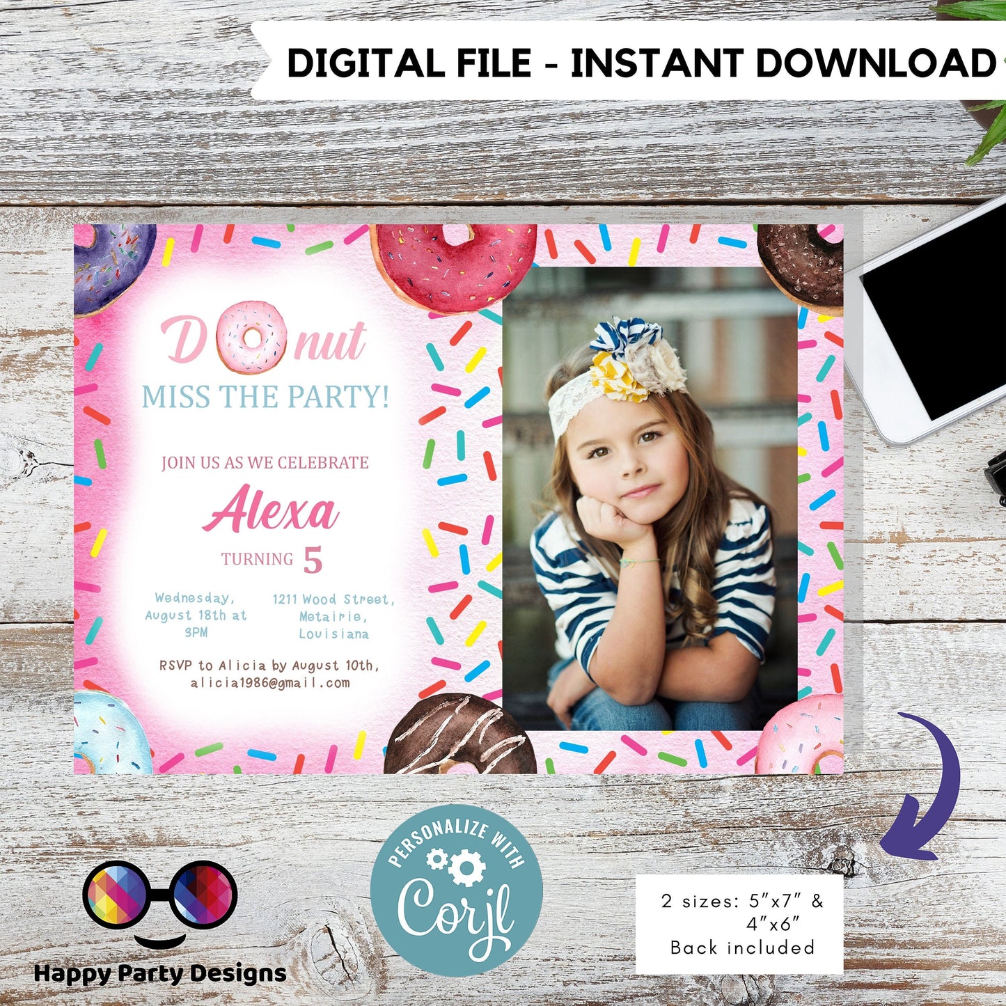 Editable Donut Miss the party! with picture Birthday Invitation | Girl invite | Donut Birthday invitations | Cute Donut Birthday Invitation