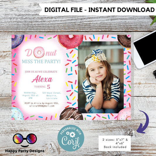 Editable Donut Miss the party! with picture Birthday Invitation | Girl invite | Donut Birthday invitations | Cute Donut Birthday Invitation