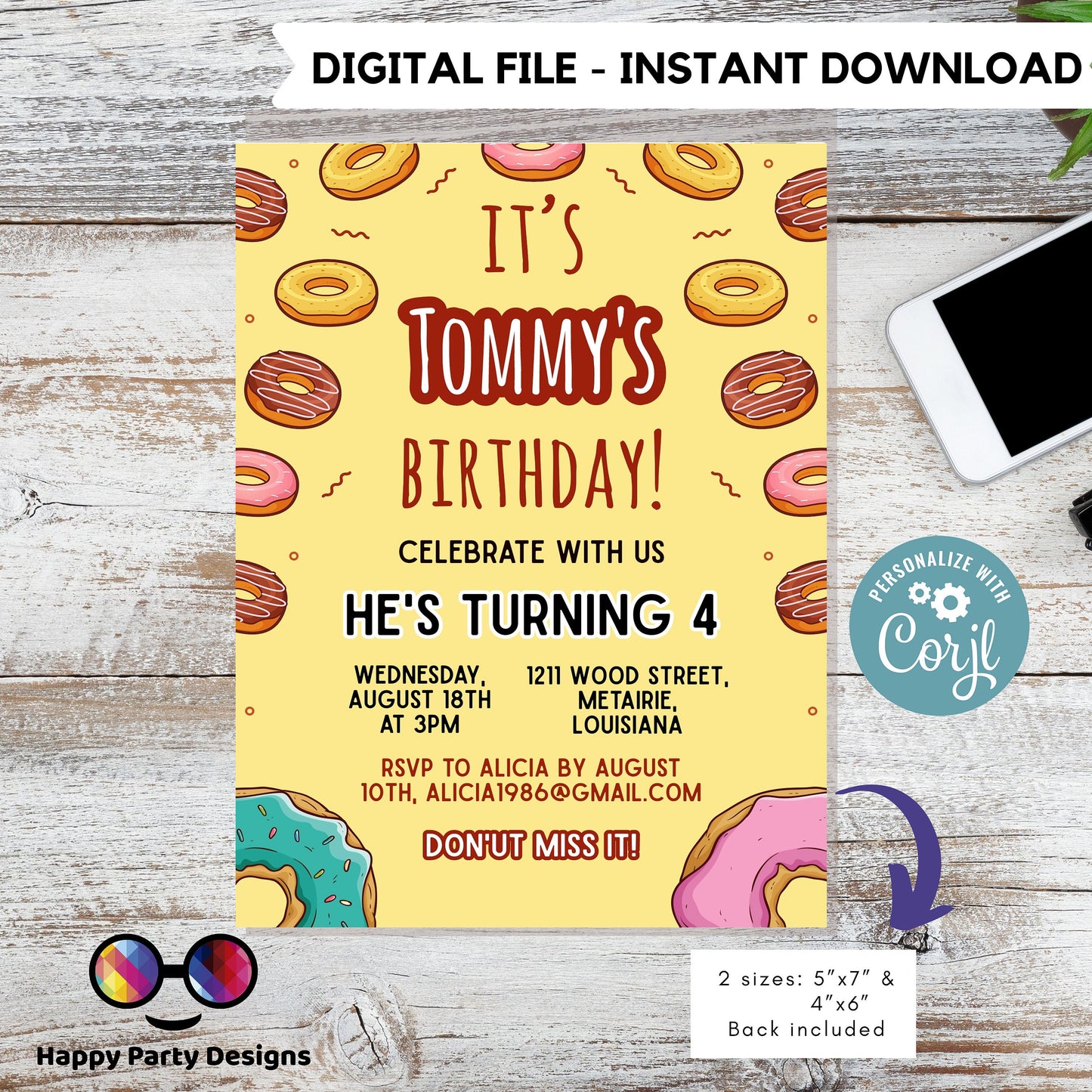 Editable Donut Birthday Invitation | Boy or girl Invitation | Donut Birthday invitations | Donut Birthday Invitation