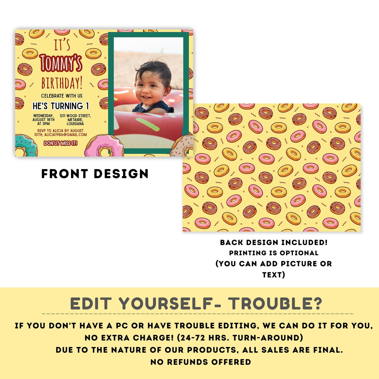 Editable Donut Birthday Invitation with picture | Boy or girl Invitation | Donut Birthday invitations | Donut Birthday Invitation