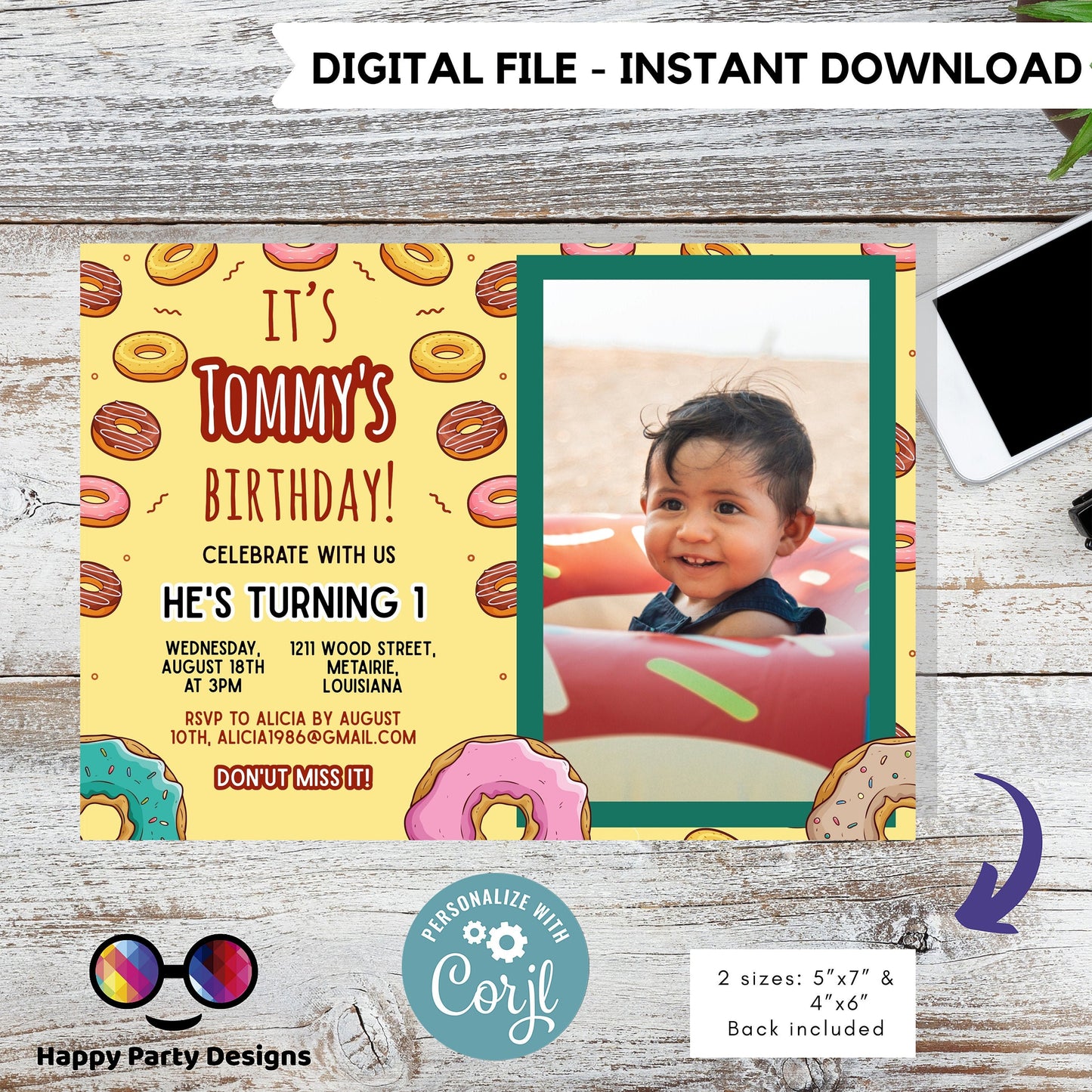 Editable Donut Birthday Invitation with picture | Boy or girl Invitation | Donut Birthday invitations | Donut Birthday Invitation