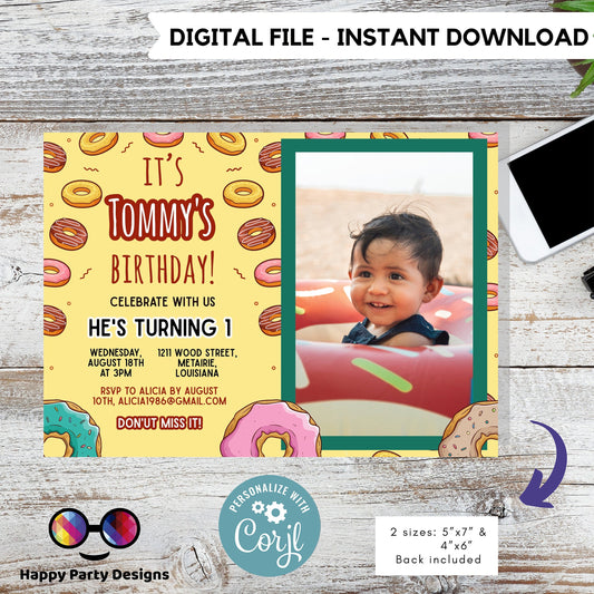Editable Donut Birthday Invitation with picture | Boy or girl Invitation | Donut Birthday invitations | Donut Birthday Invitation