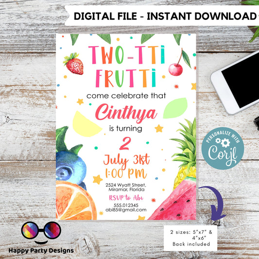 Editable TWO-tti frutti Birthday Invitation | Girl Invitation | Tutti-fruti Birthday invitations | Cute Fruit Birthday Invitation