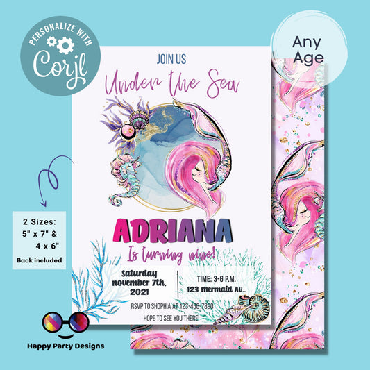 Editable Under the Sea mermaid invitation | Mermaid Watercolor Invitation | Mermaid Birthday | Mermaid Digital File | INSTANT download