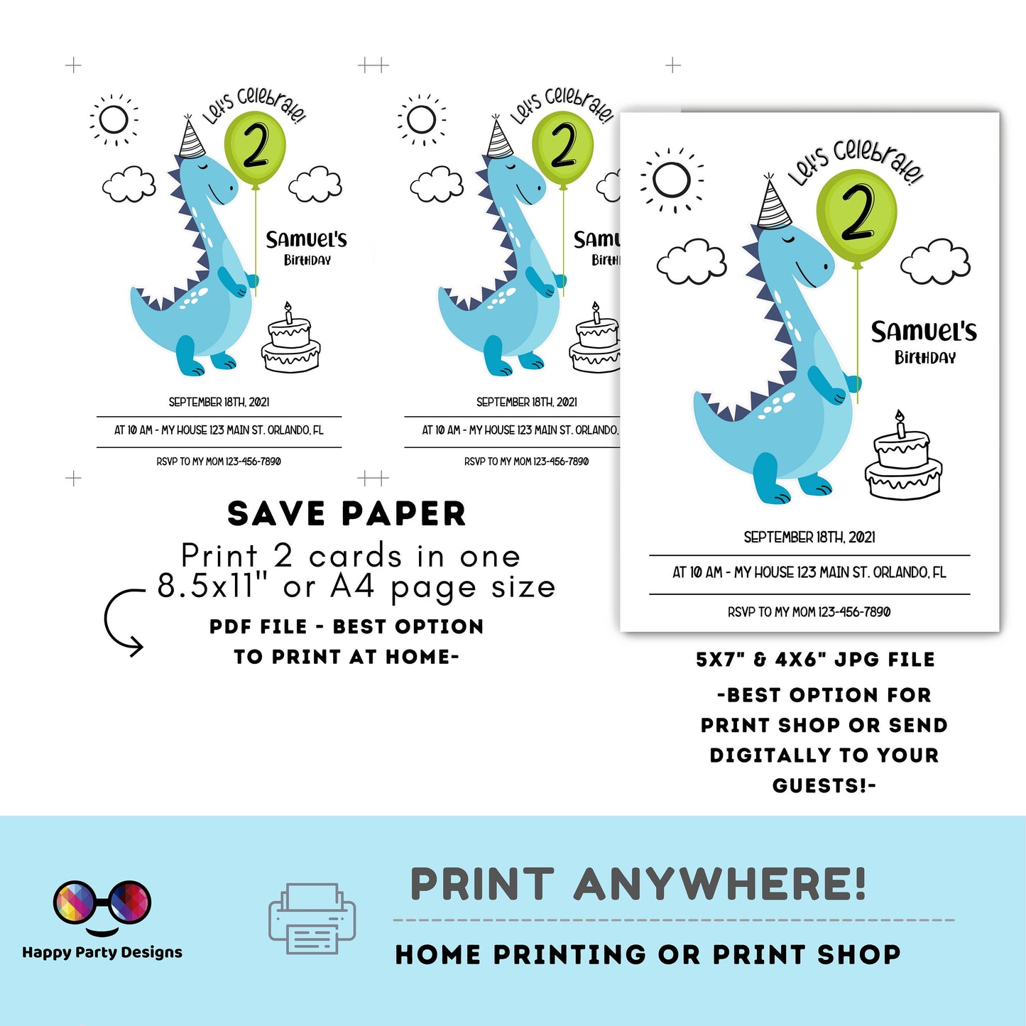 Editable Boy Dinosaur Birthday Invitation | Minimal Dino Birthday Invitation | Dino Birthday invitations | Cute Dinosaur Birthday Invite 