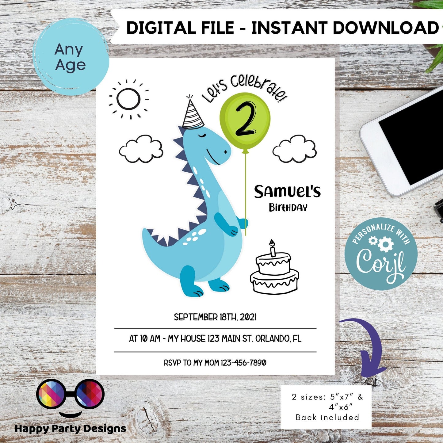 Editable Boy Dinosaur Birthday Invitation | Minimal Dino Birthday Invitation | Dino Birthday invitations | Cute Dinosaur Birthday Invite 