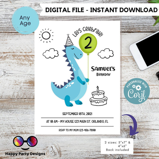 Editable Boy Dinosaur Birthday Invitation | Minimal Dino Birthday Invitation | Dino Birthday invitations | Cute Dinosaur Birthday Invite 