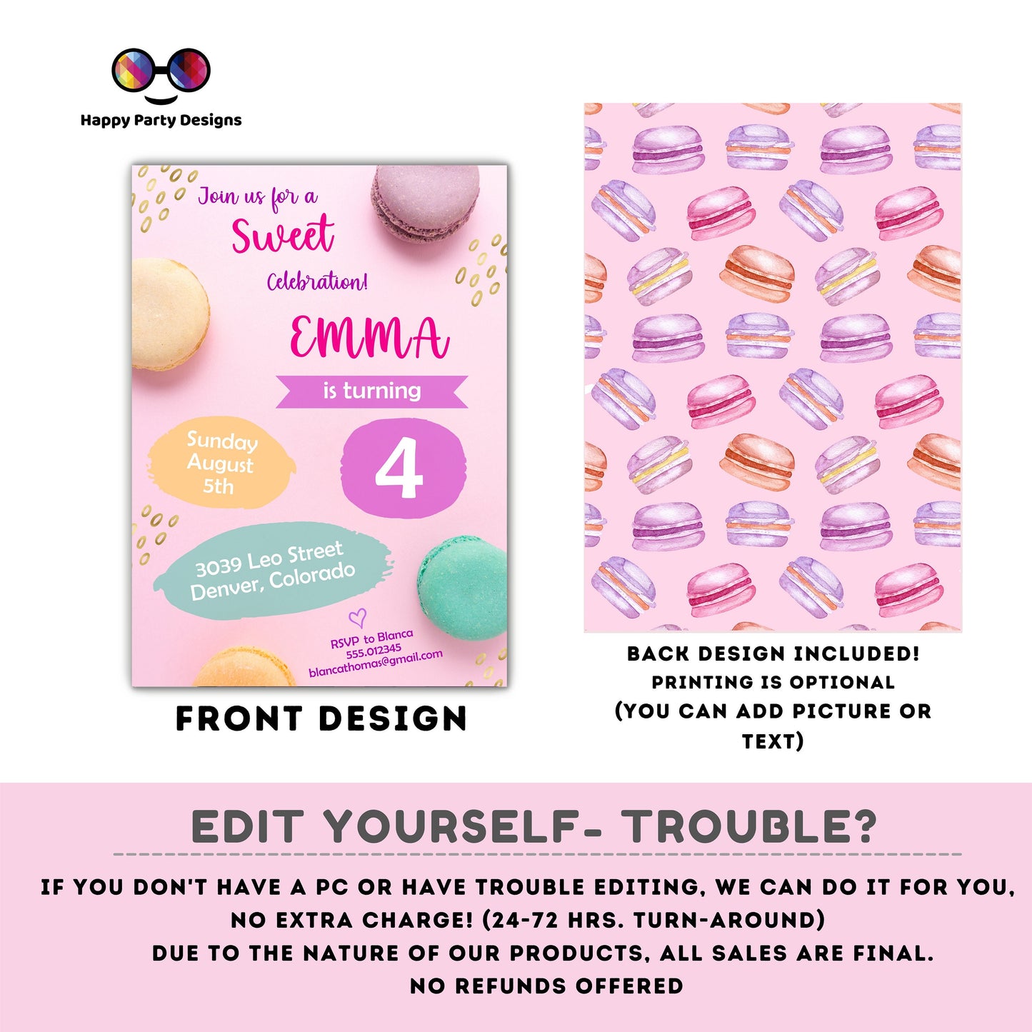 Editable Macaron Birthday Invitation | Girl Invitation | Macaroons Birthday invitations | Sweet Birthday Invitation
