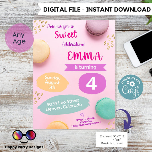 Editable Macaron Birthday Invitation | Girl Invitation | Macaroons Birthday invitations | Sweet Birthday Invitation