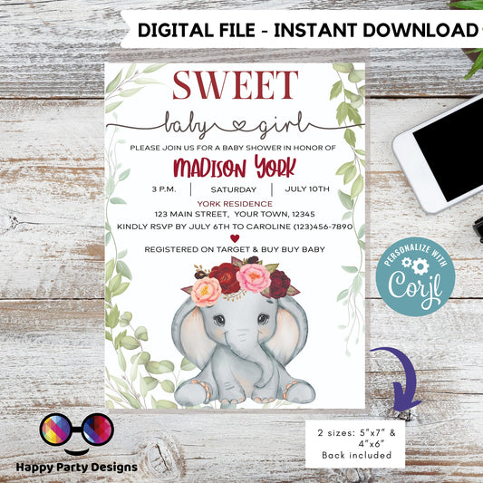 Elephant Baby Shower Invitations for Girls | Sweet baby girl | burgundy | Cute elephant | Edit Yourself & Instant Download #B14