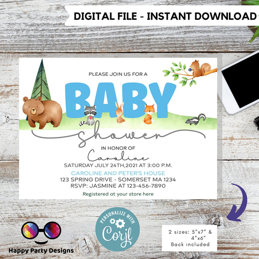 Editable watercolor woodland baby shower | Digital Bear printable invite | Baby Boy | cute animals Digital | Personalize Online #B16