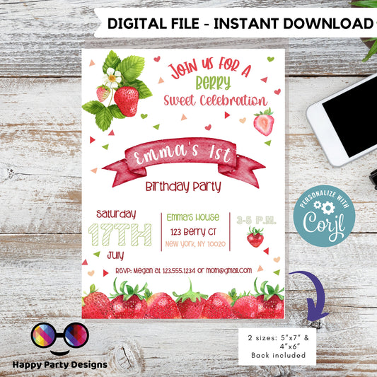 Editable watercolor strawberry invitation | Digital Strawberry printable invite | Birthday girl |Berry Sweet Invitation | Personalize Online