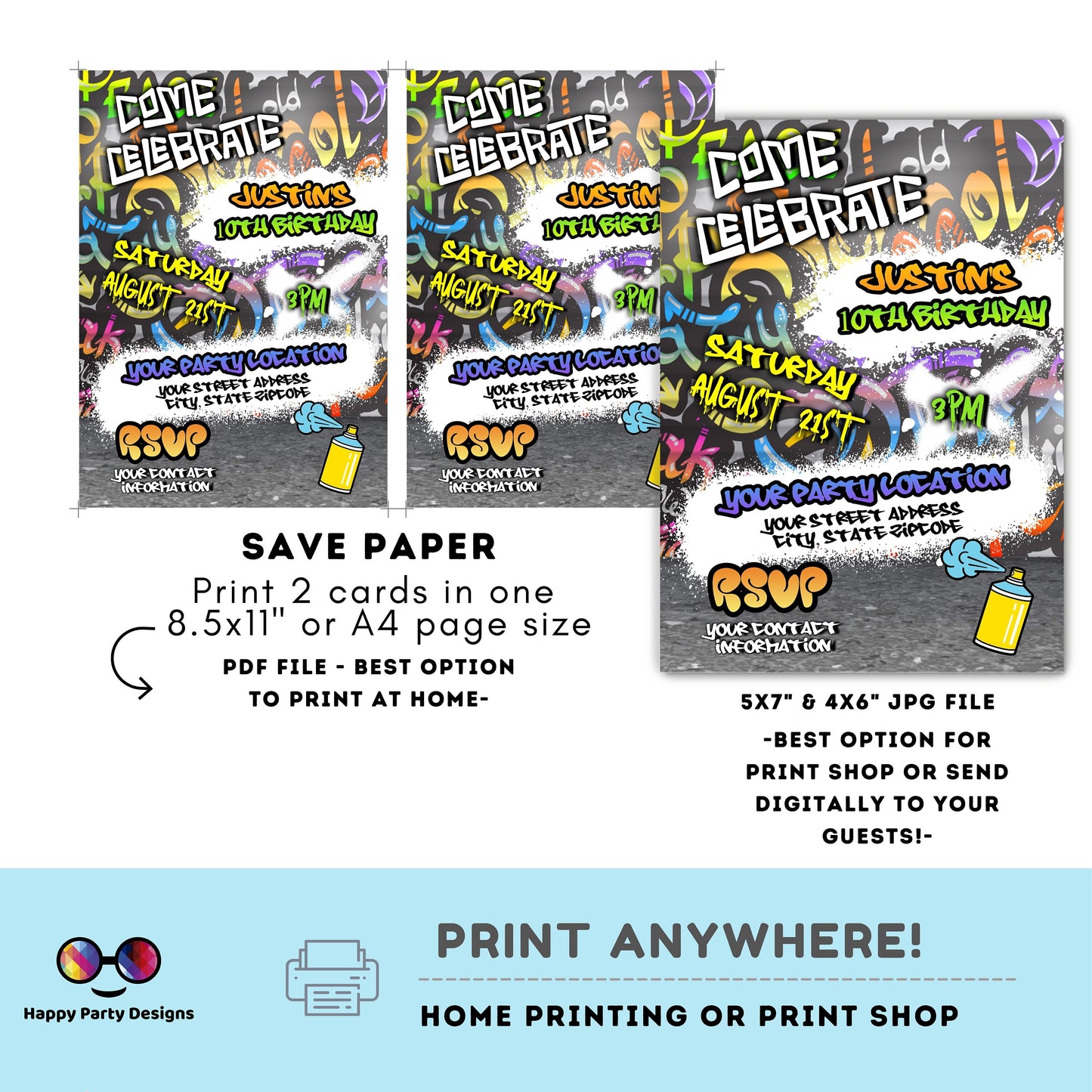 Editable Graffiti invitation | Digital graffiti printable invite | Birthday boy | Graffiti Invitation | Personalize Online #K1