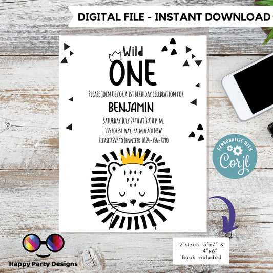Editable Wild One invitation | First Birthday | Scandinavian invitation | cute lion |  digital invitation| Personalize Online