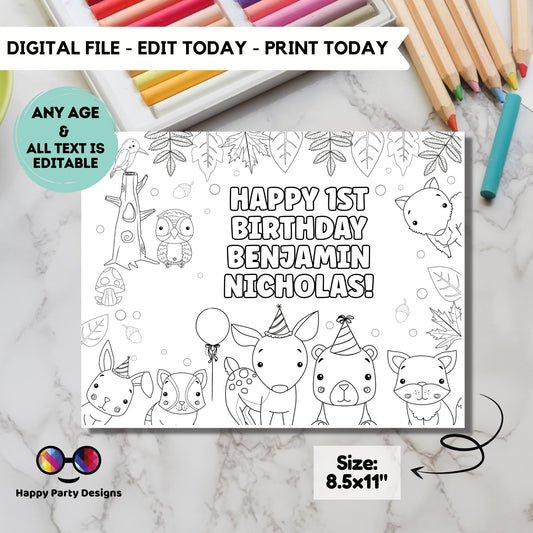 Editable woodland coloring page | First birthday coloring page | Any Age | Woodland birthday | Game Wild One Birthday Party Activity