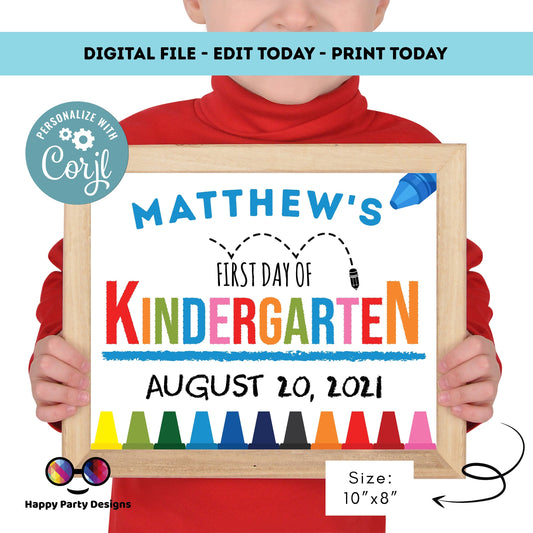 Editable Kindergarten First Day of Preschool Sign | First Day of Sign | 1st Day of School Sign | personalized school sign