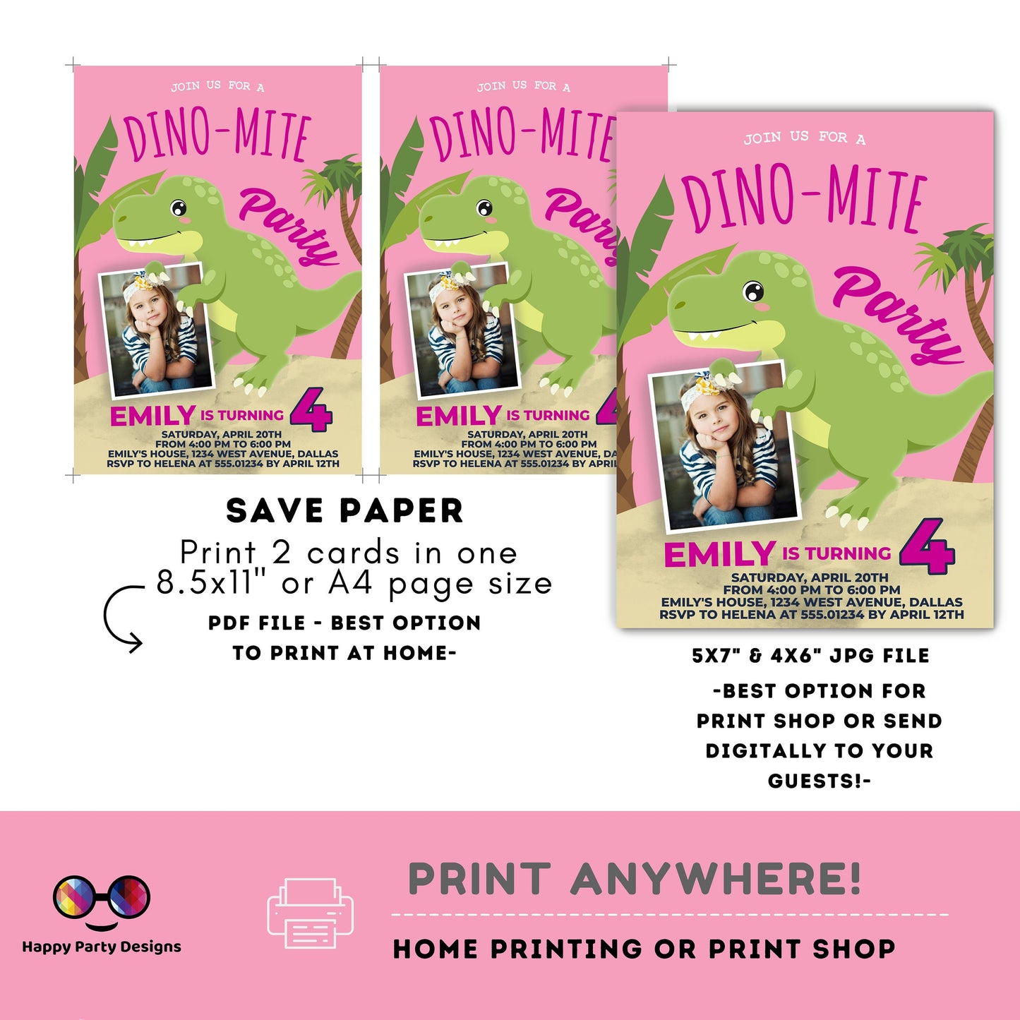 Editable Girl Dinosaur Birthday Invitation | Dino-mite Birthday Invitation | Dino Birthday invitations | Cute Dinosaur Birthday Invitation