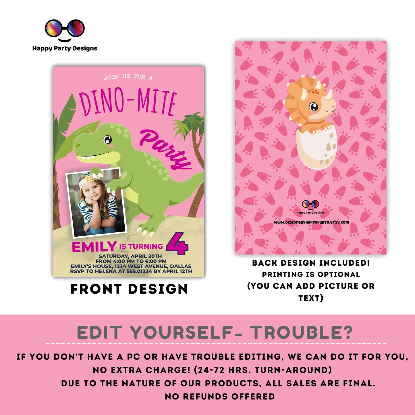 Editable Girl Dinosaur Birthday Invitation | Dino-mite Birthday Invitation | Dino Birthday invitations | Cute Dinosaur Birthday Invitation
