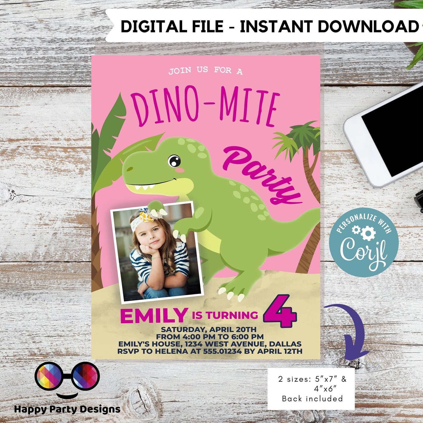 Editable Girl Dinosaur Birthday Invitation | Dino-mite Birthday Invitation | Dino Birthday invitations | Cute Dinosaur Birthday Invitation