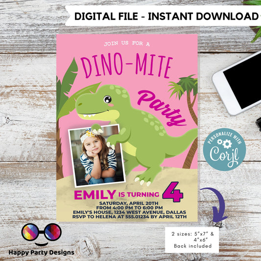 Editable Girl Dinosaur Birthday Invitation | Dino-mite Birthday Invitation | Dino Birthday invitations | Cute Dinosaur Birthday Invitation